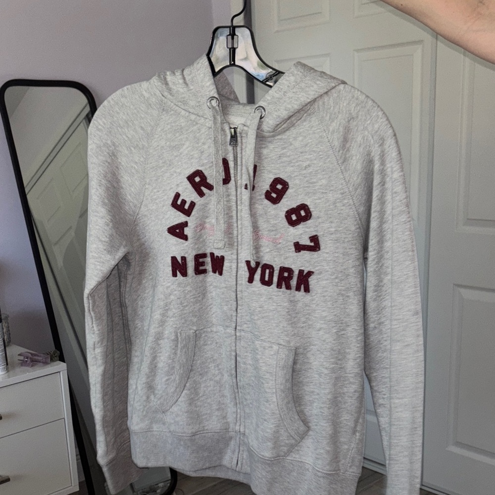Aeropostale Gray Zip-Up Hoodie with Red Accents